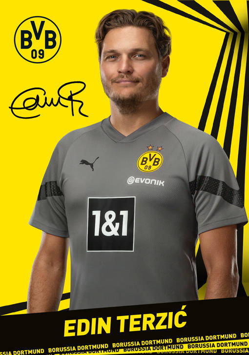 Autogrammbild Vorderseite vonTrainer Edin Terzic von Borussia Dortmund zur Saison 2022/2023