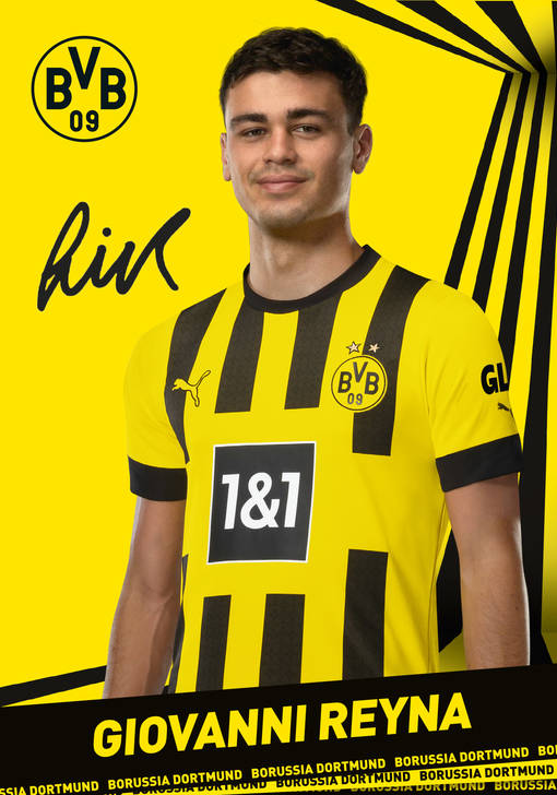 Autogrammbild Vorderseite Giovanni Reyna Mittelfeldspieler Borussia Dortmund zur Saison 2022/23