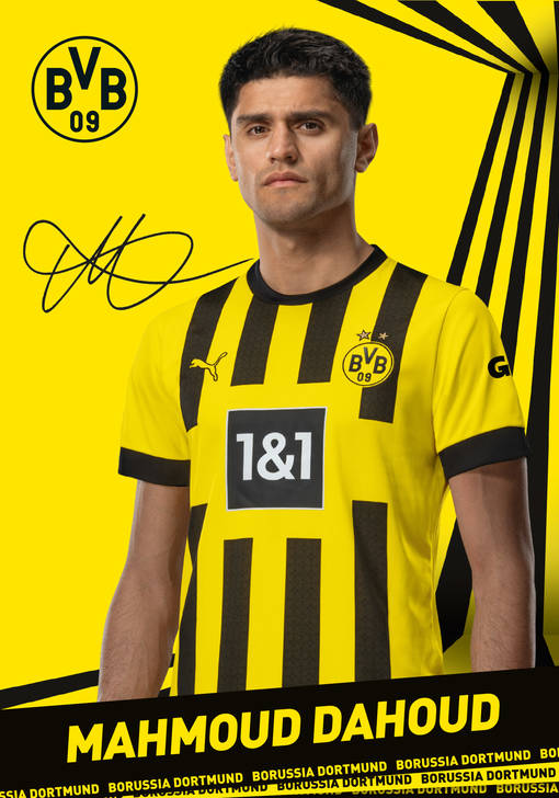 Autogrammbild Vorderseite von Mahmoud Dahoud Mittelfeldspieler von Borussia Dortmund zur Saison 2022/23