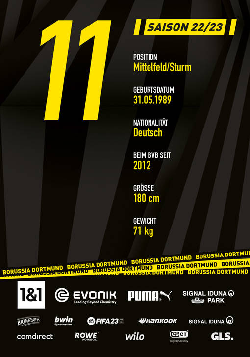 Rückseite der  Autogrammkarte von Marco Reus, Stürmer von Borussia Dortmund zur Saison 2022/2023