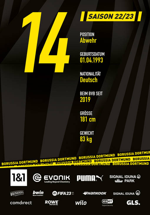 Autogrammbild Rückseite von Nico Schulz Abwehrspieler von Borussia Dortmund zur Saison 2022/2023
