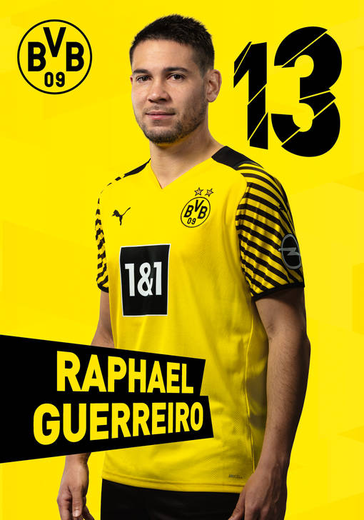Autogrammbild Vorderseite Raphael Guerreiro, Mittelfeldspieler von Borussia Dortmund zur Saison 2021/2022