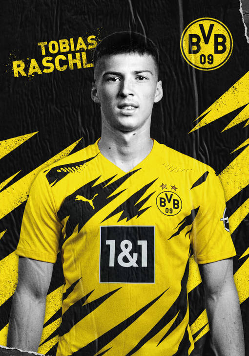 Autogrammbild Vorderseite von Tobias Raschl, Mittelfeldspieler von Borussia Dortmund zur Saison 2020/2021
